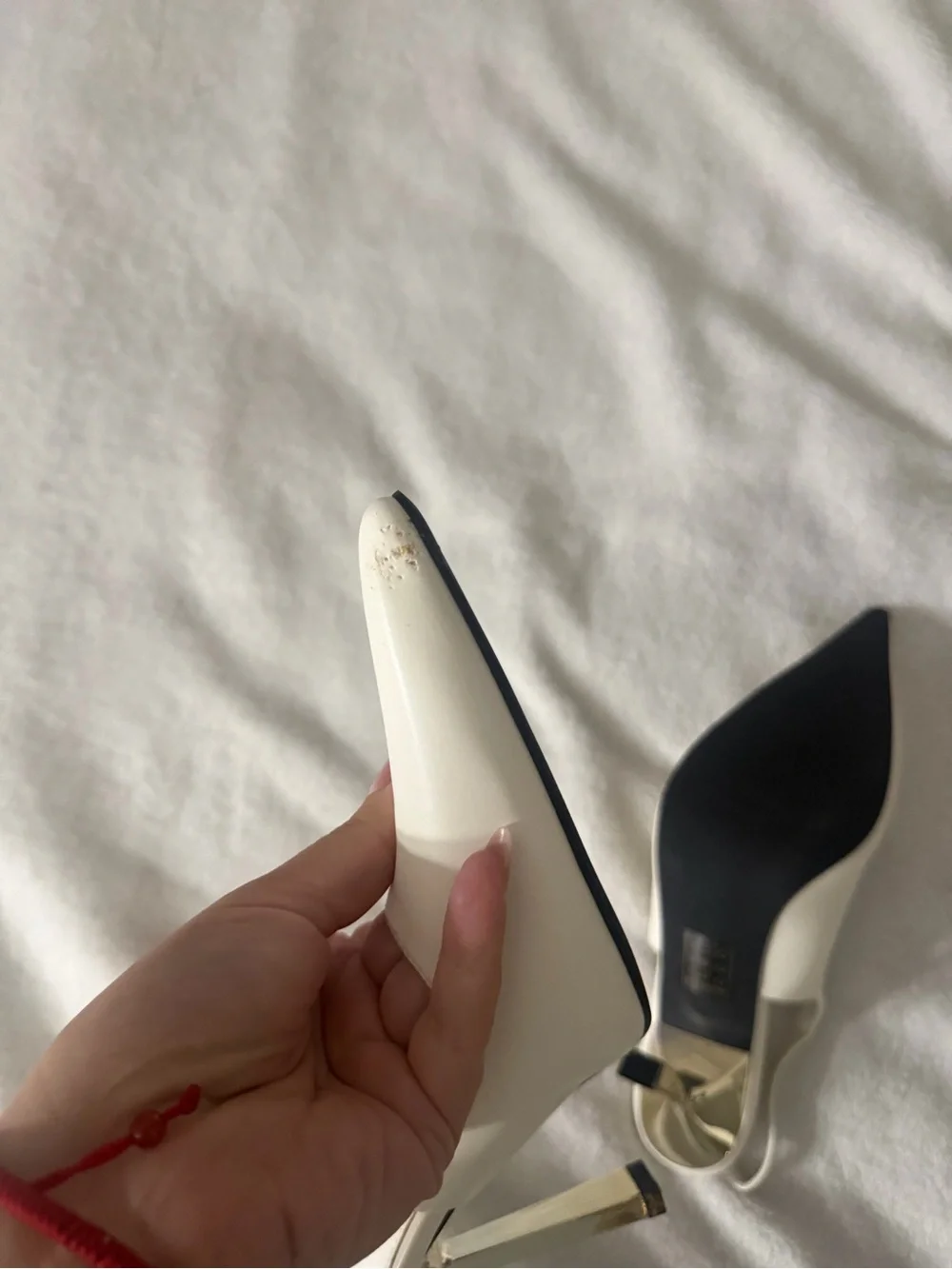 Fashion Nova White Pointed-Toe Slingback Heels with Gold & Silver Accents